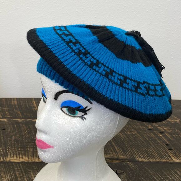 Vintage Blue Knit Beret Top Tassel Black Geometric Pattern Phillipines 80s 90s - Picture 5 of 12